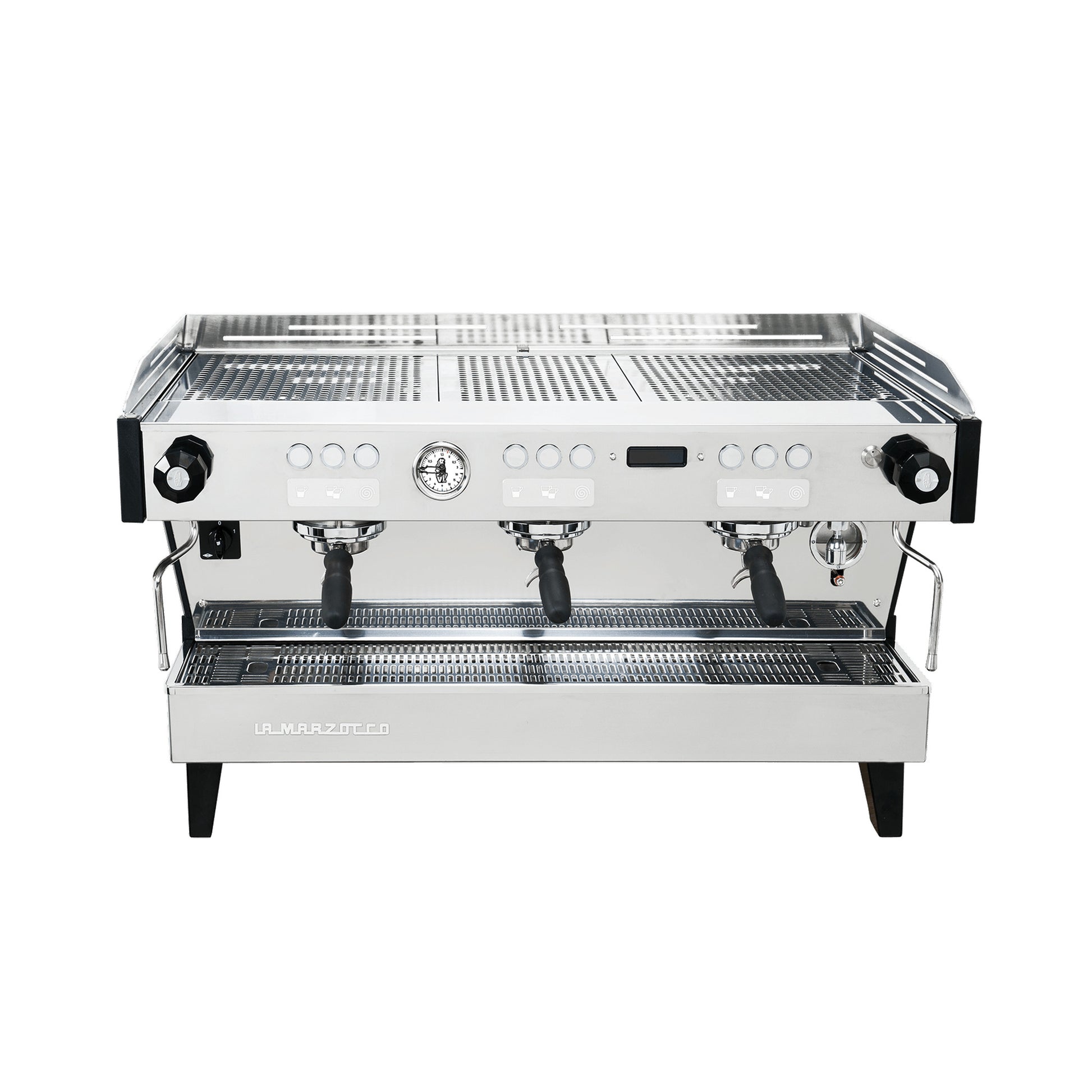 La Marzocco Linea PBX three group commercial espresso machine, front view in stainless steel
