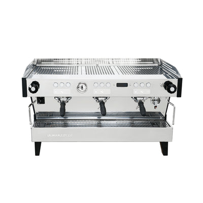 La Marzocco Linea PBX three group commercial espresso machine, front view in stainless steel