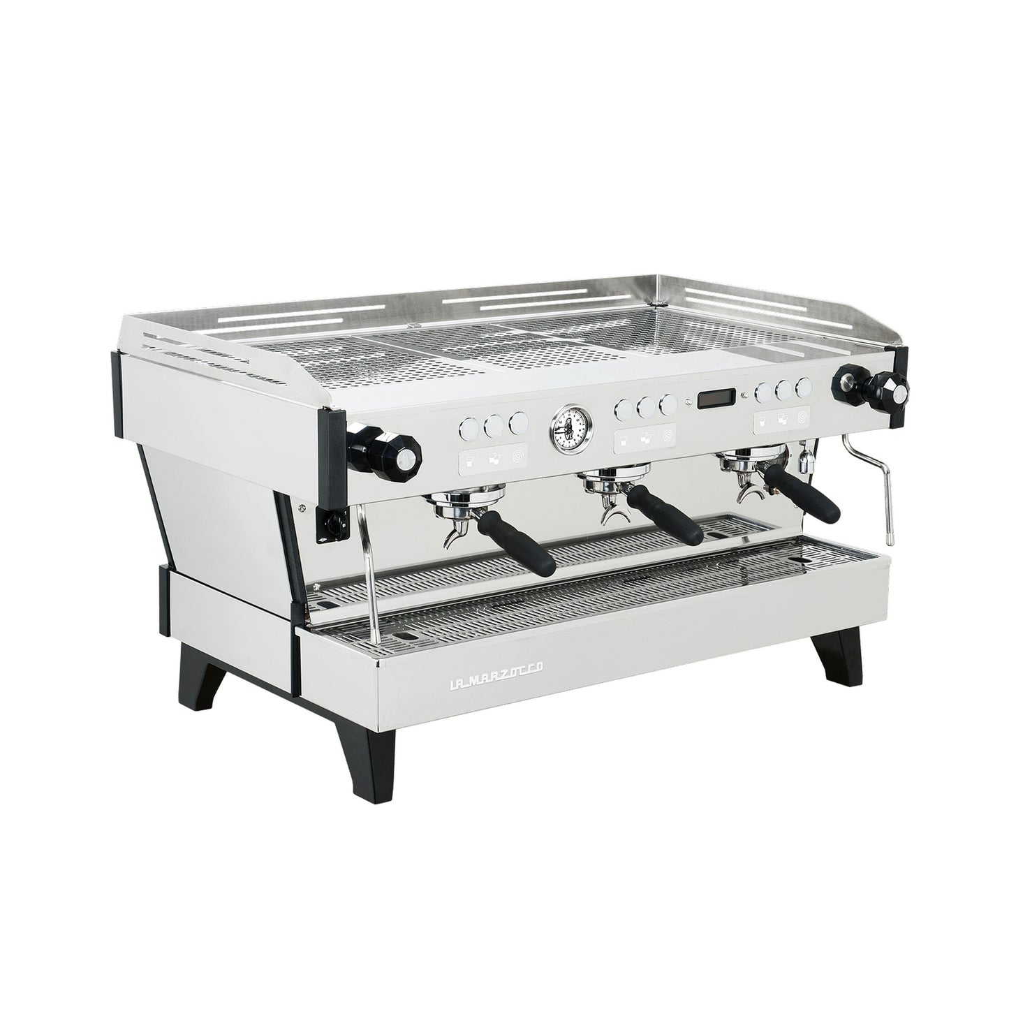 La Marzocco Linea PBX three group commercial espresso machine, angled view showing the group heads and steam wands