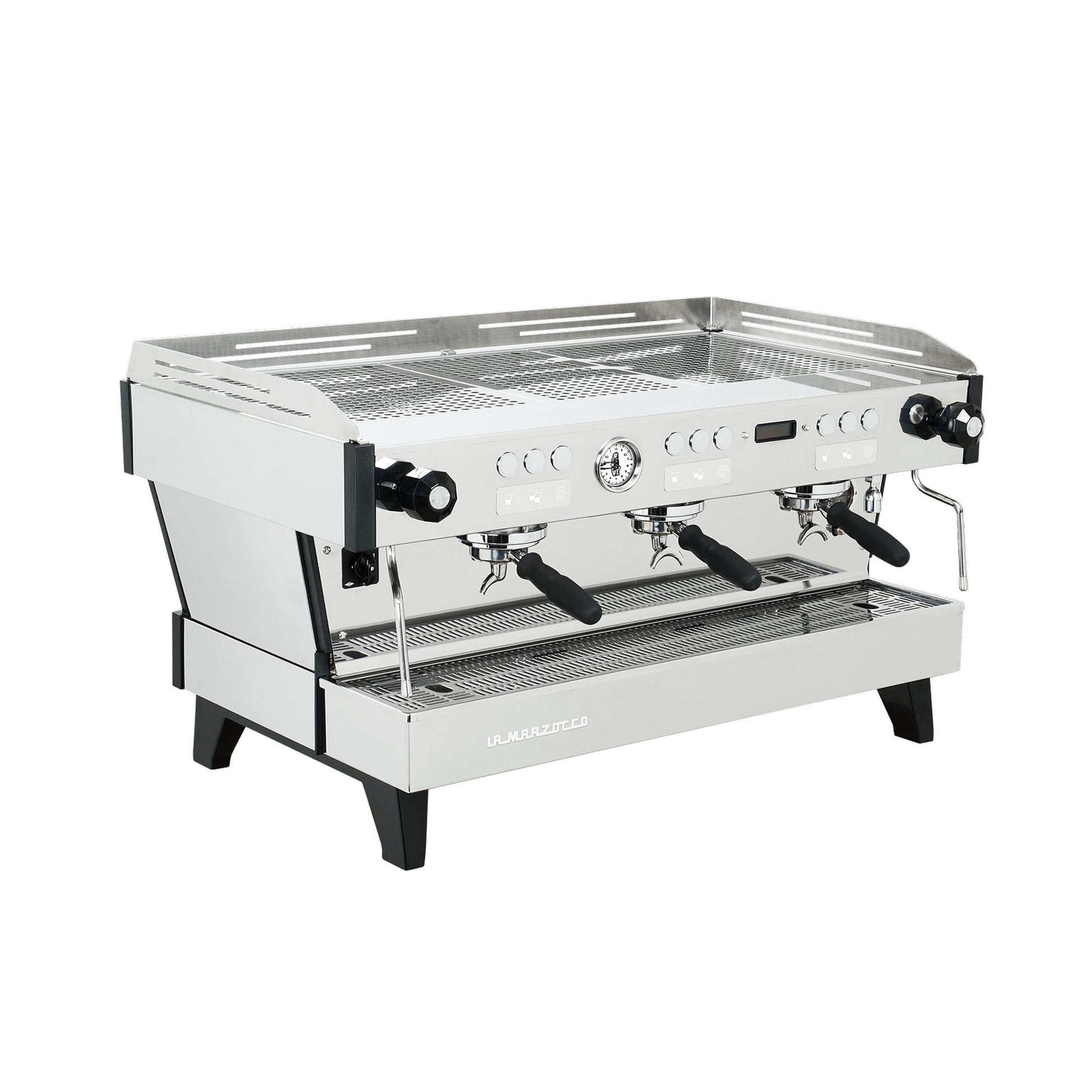 La Marzocco Linea PBX three group commercial espresso machine, angled view showing the group heads and steam wands