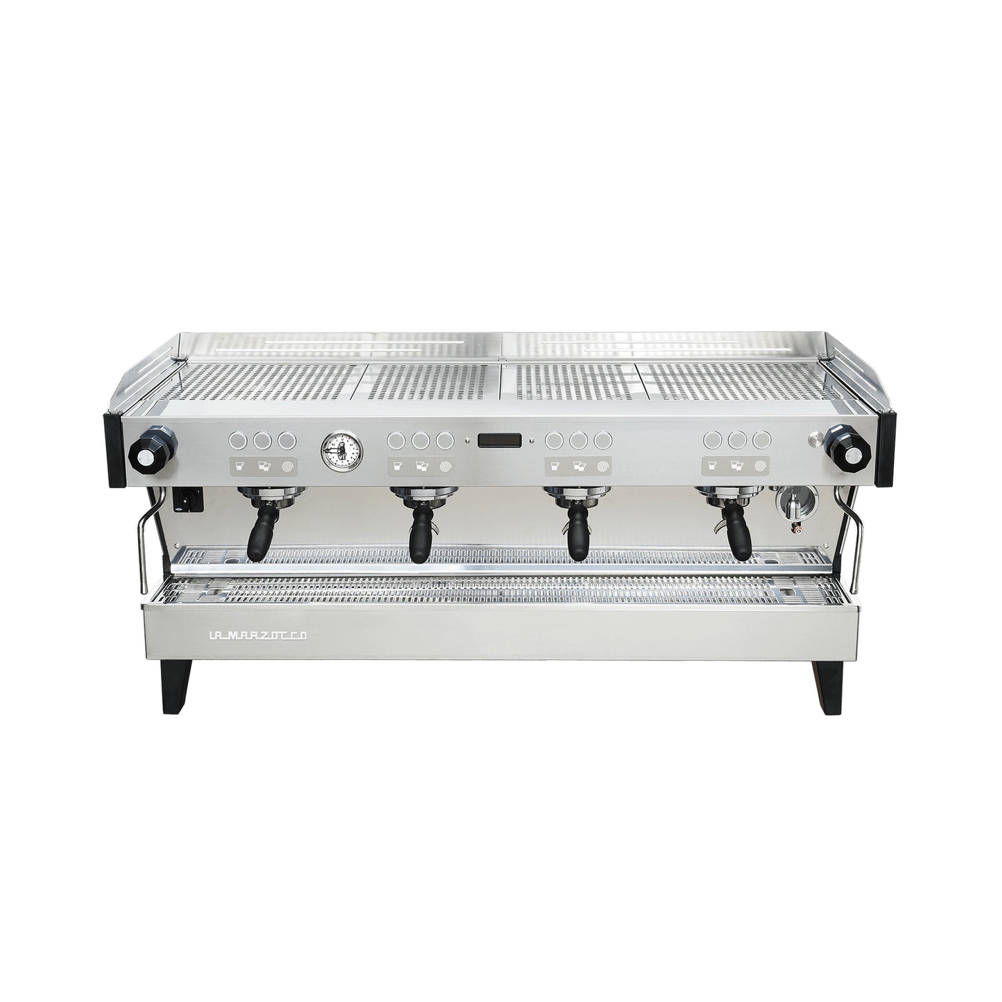 La Marzocco Linea PBX four group commercial espresso machine, front view in stainless steel
