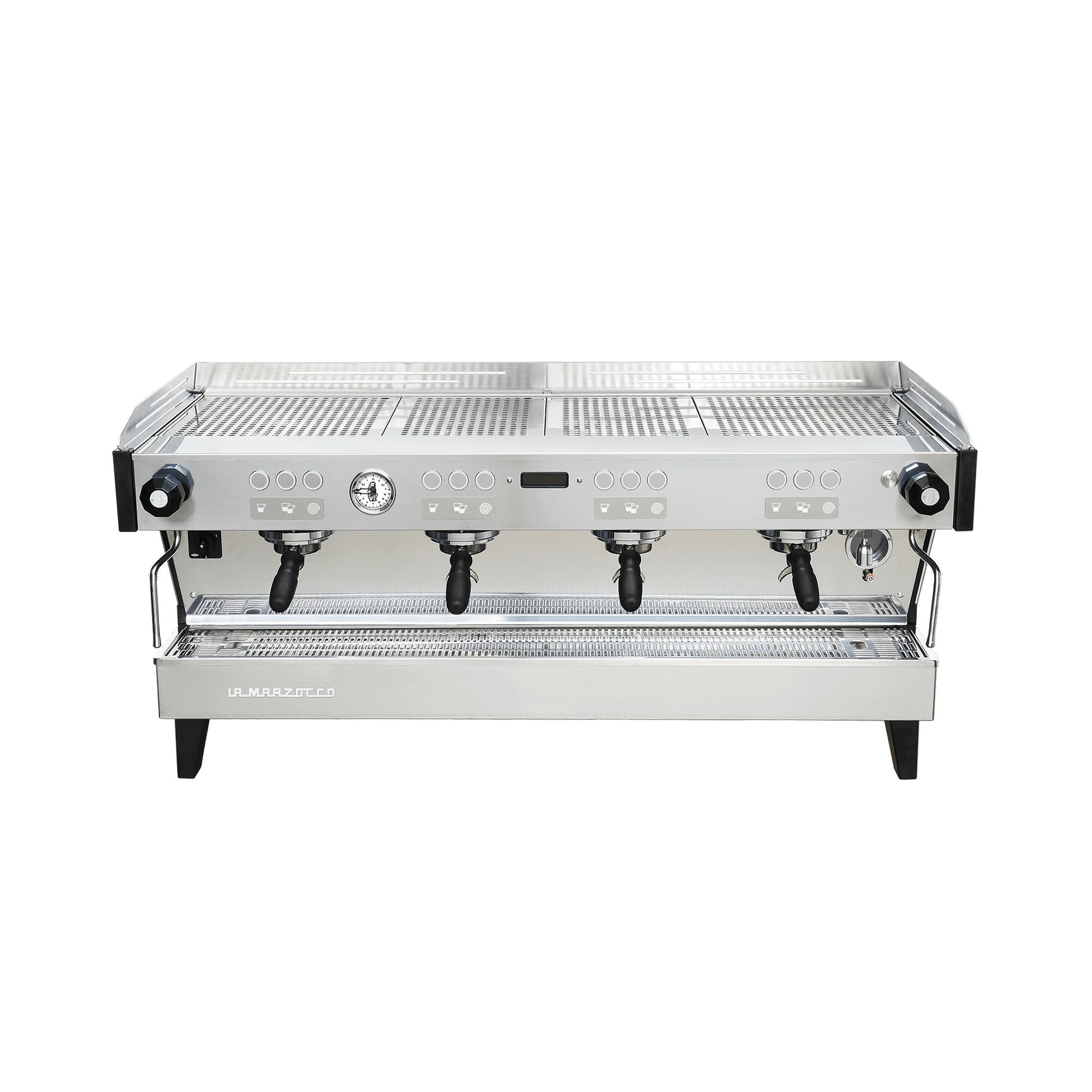 La Marzocco Linea PBX four group commercial espresso machine, front view in stainless steel