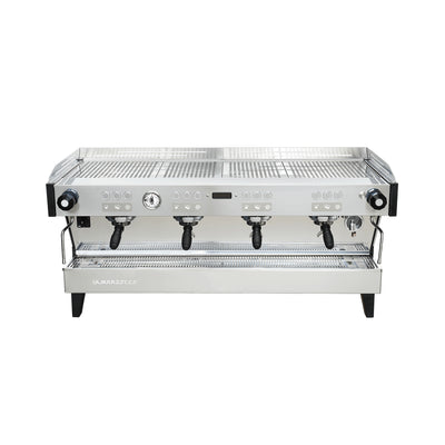 La Marzocco Linea PBX four group commercial espresso machine, front view in stainless steel