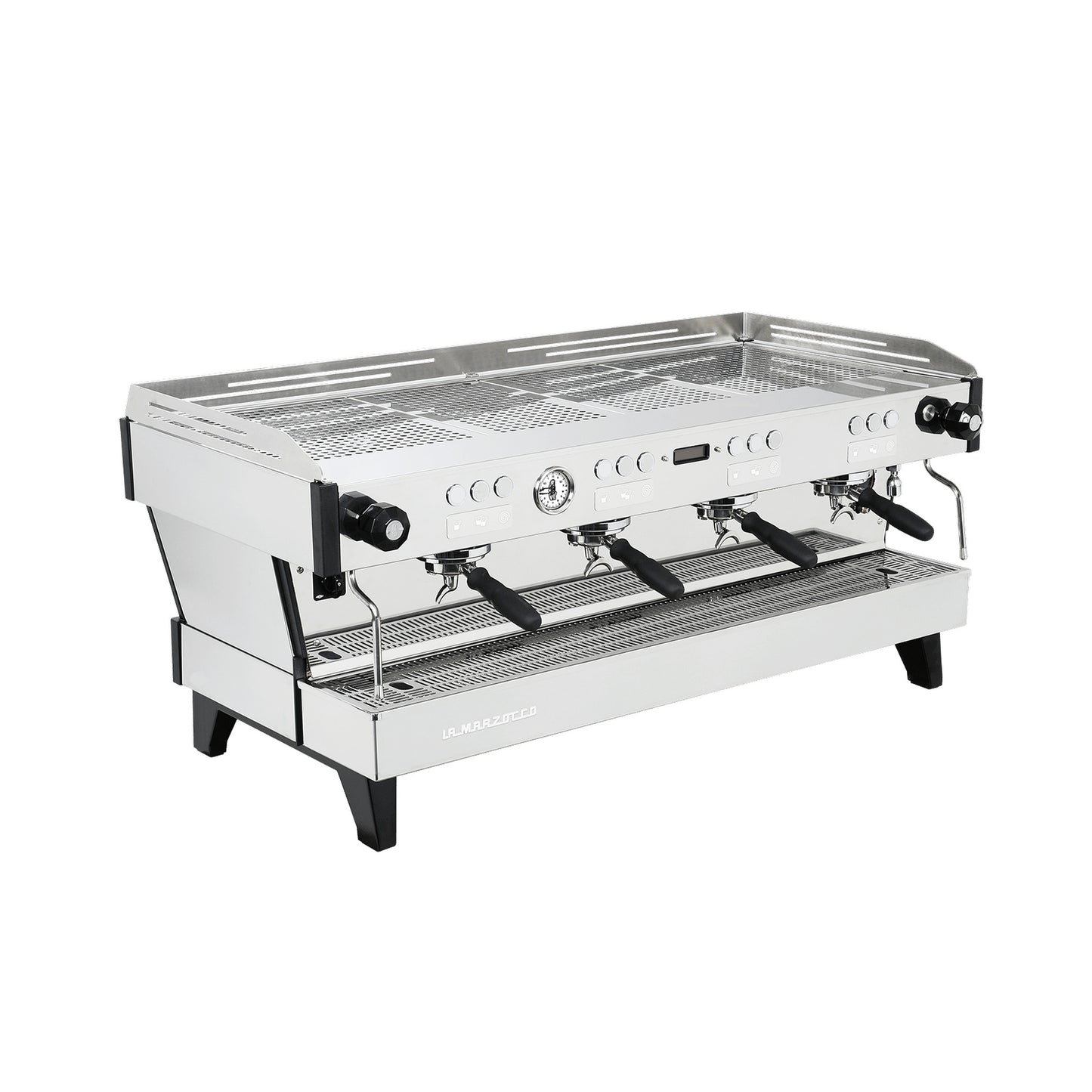 La Marzocco Linea PBX four group commercial espresso machine, angled view showing the group heads and steam wands