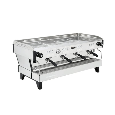 La Marzocco Linea PBX four group commercial espresso machine, angled view showing the group heads and steam wands