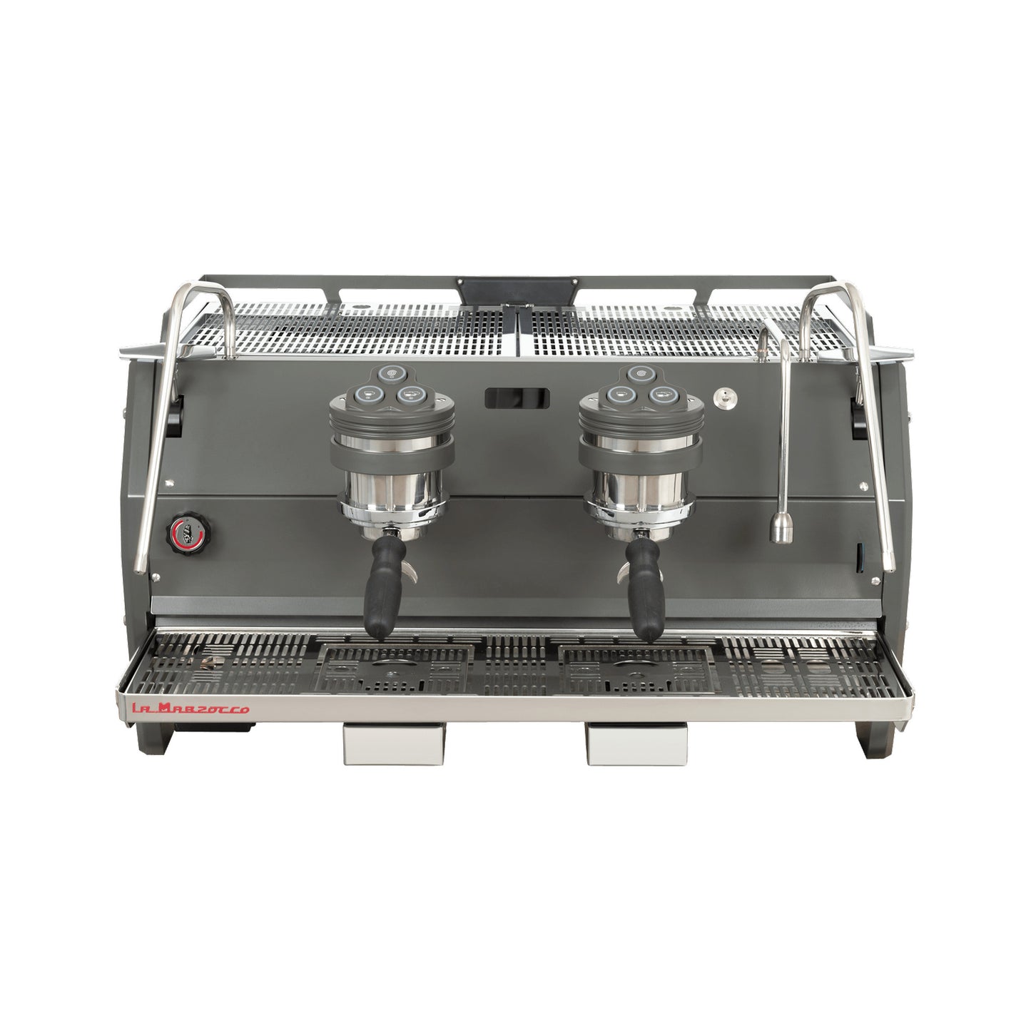 La Marzocco Strada S two group commercial espresso machine, front view in stainless steel