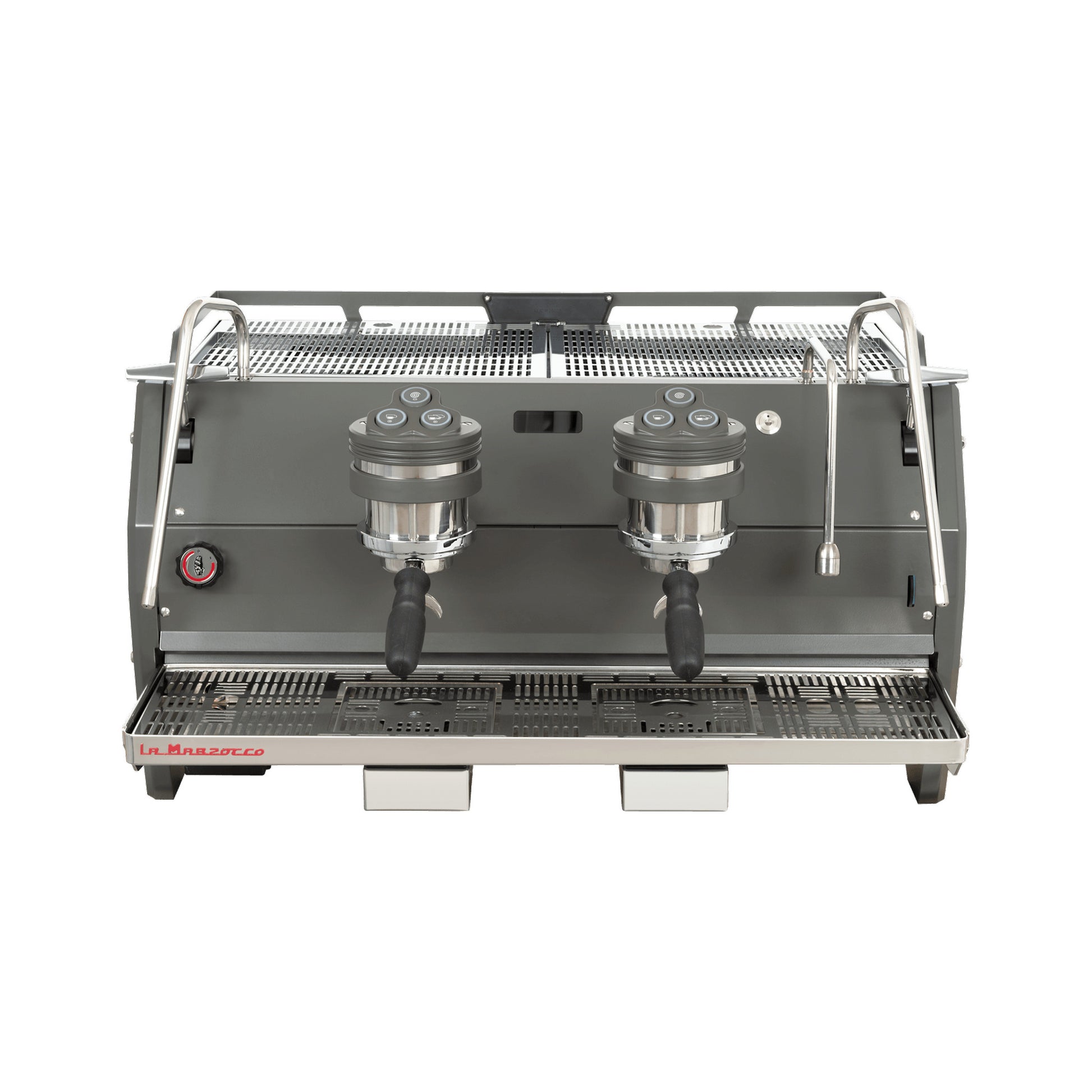 La Marzocco Strada S two group commercial espresso machine, front view in stainless steel