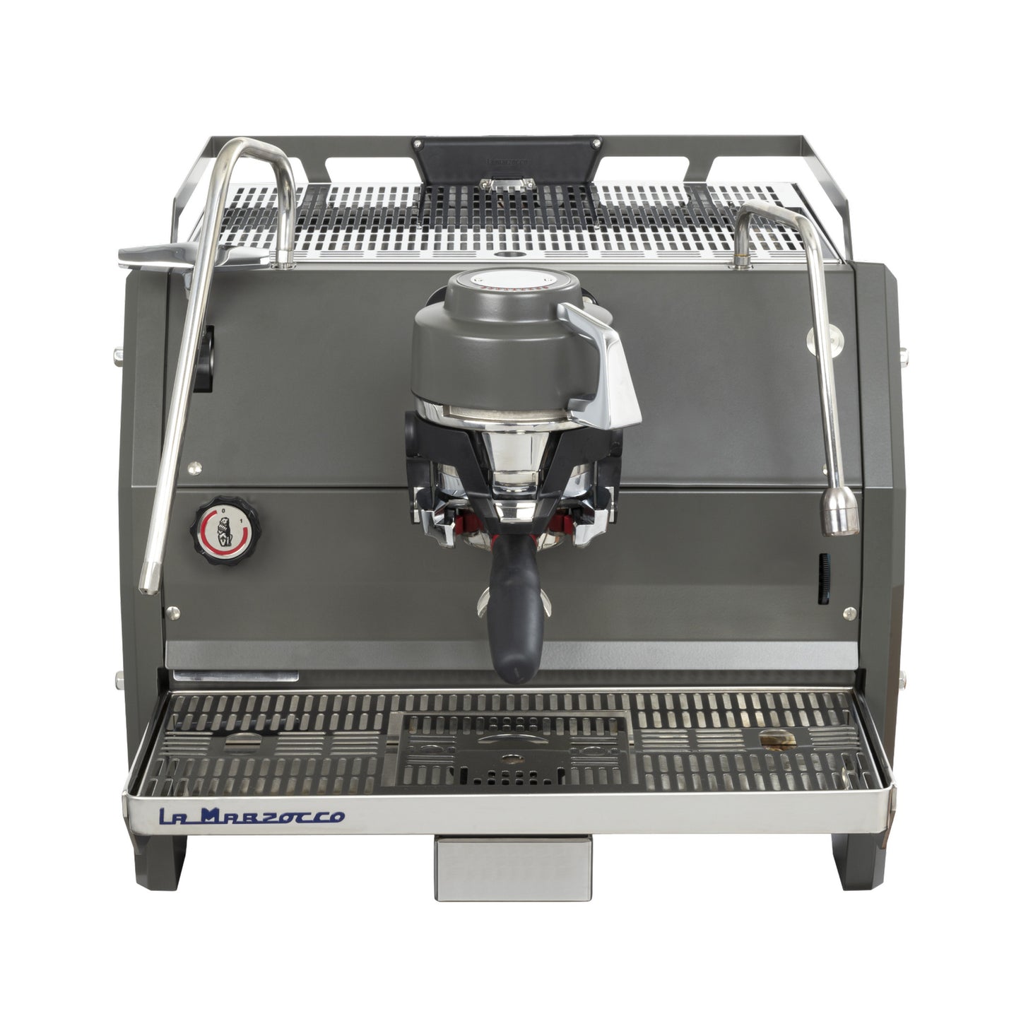 La Marzocco Strada X one group commercial espresso machine, front view in stainless steel