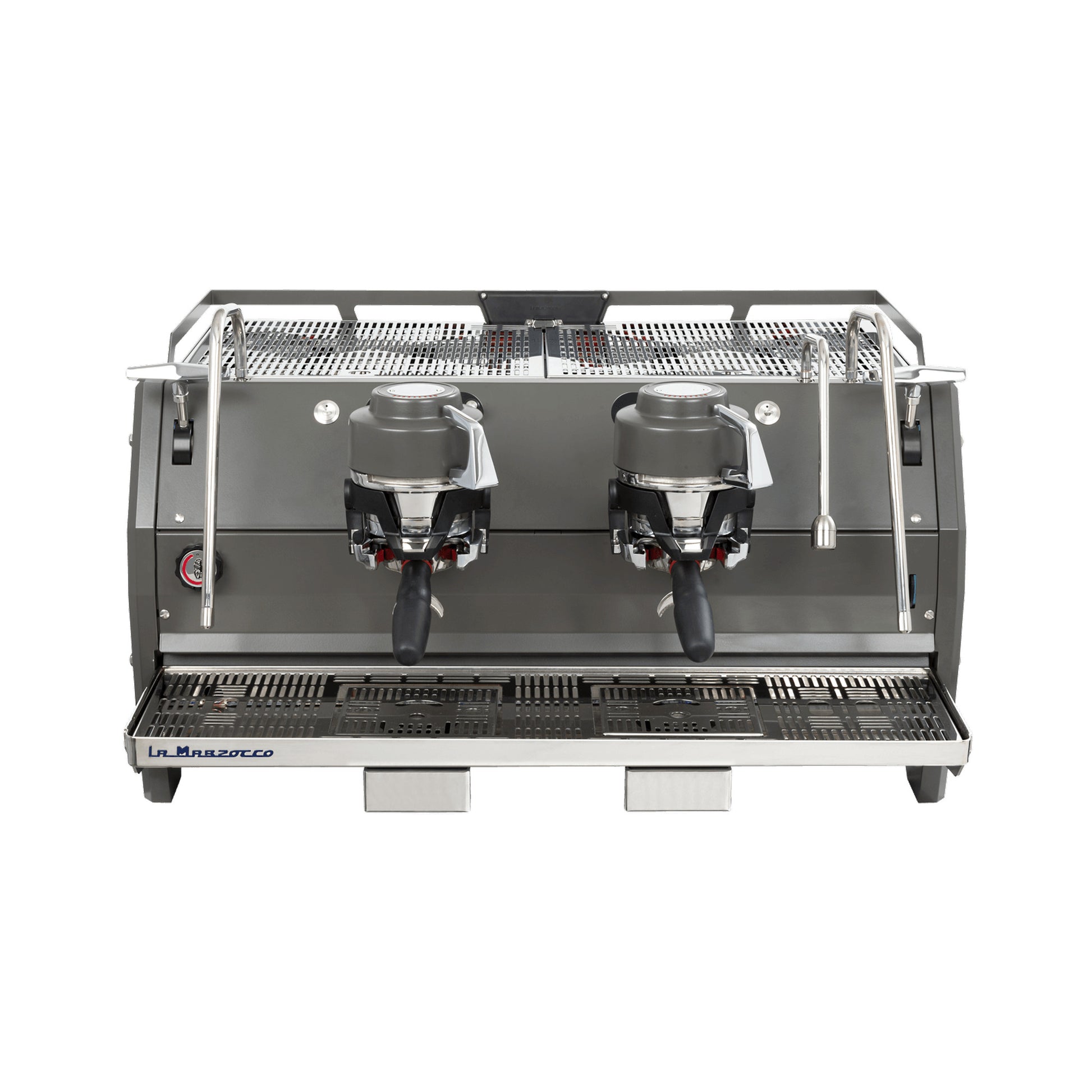 La Marzocco Strada X two group commercial espresso machine, front view in stainless steel