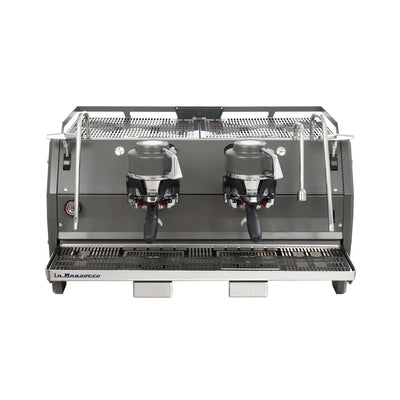 La Marzocco Strada X two group commercial espresso machine, front view in stainless steel