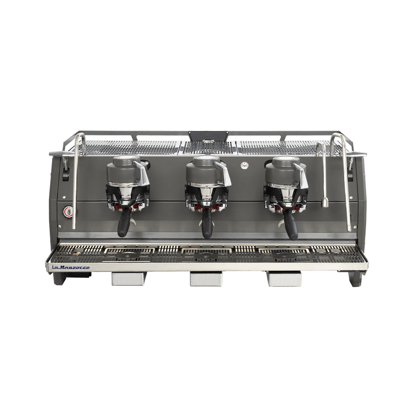 La Marzocco Strada X three group commercial espresso machine, front view in stainless steel