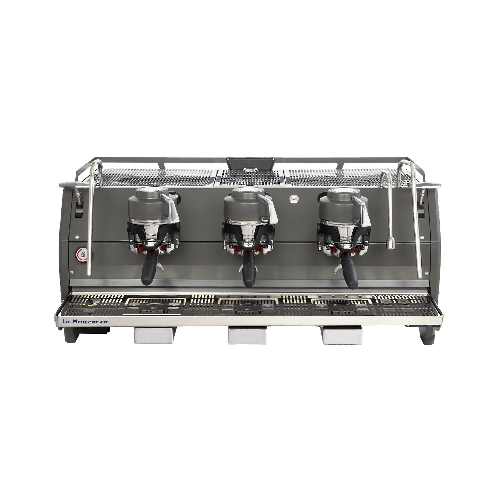 La Marzocco Strada X three group commercial espresso machine, front view in stainless steel