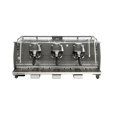 La Marzocco Strada X three group commercial espresso machine, front view in stainless steel