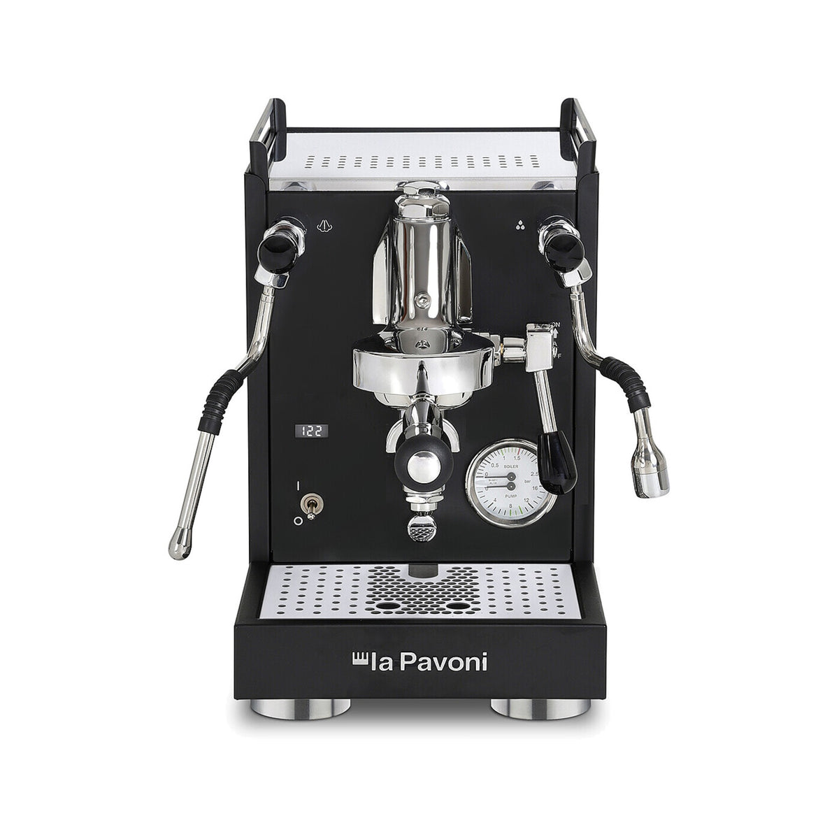 La Pavoni Mini Cellini X espresso machine in matte black, front view