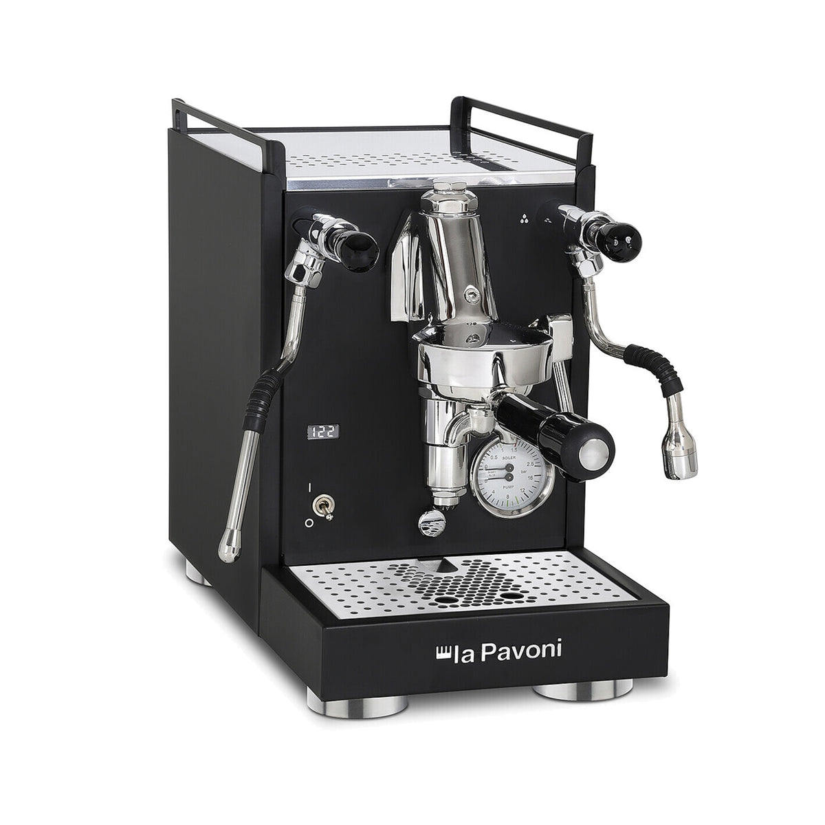 La Pavoni Mini Cellini X espresso machine in matte black, three-quarter view showing the E61 group and wands