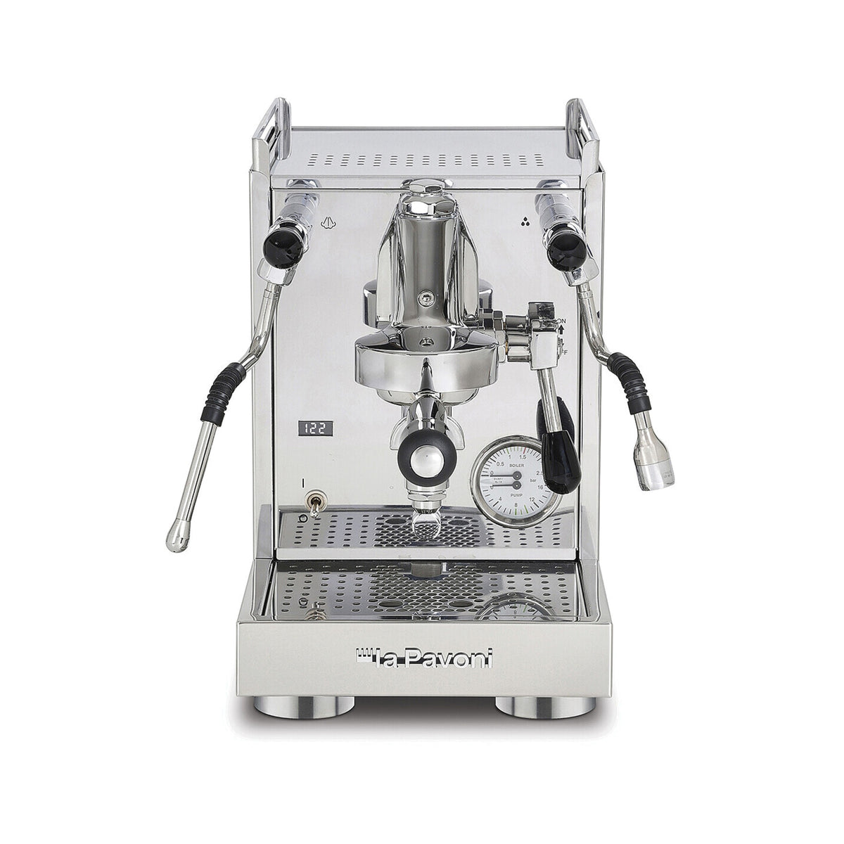 La Pavoni Mini Cellini X espresso machine in polished stainless steel, front view