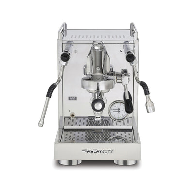 La Pavoni Mini Cellini X espresso machine in polished stainless steel, front view