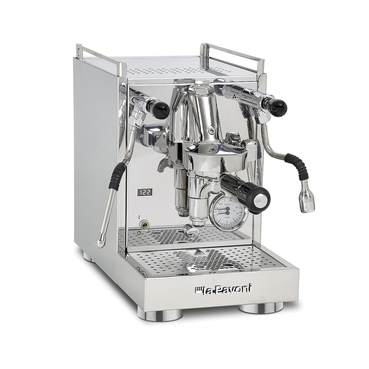 La Pavoni Mini Cellini X espresso machine in polished stainless steel, three-quarter view showing the E61 group and wands
