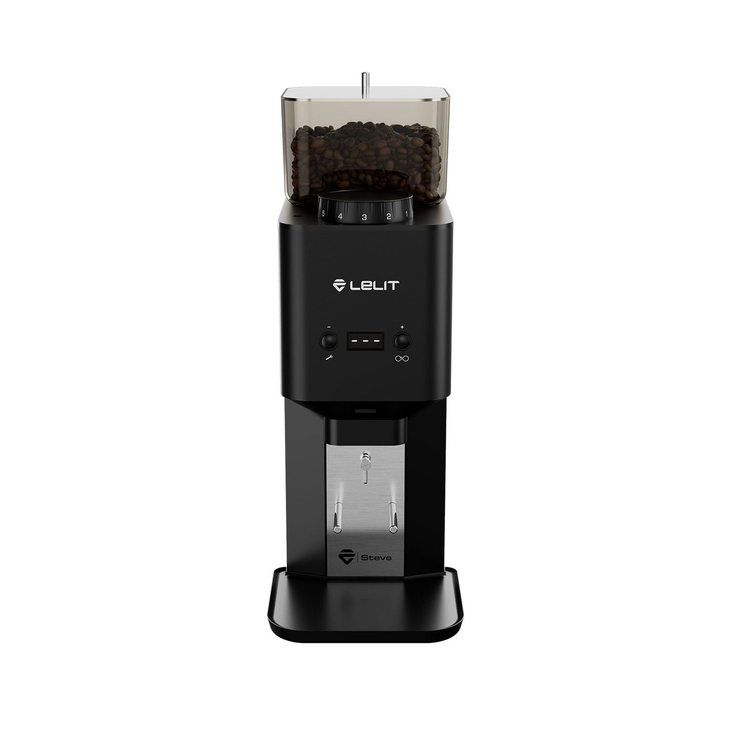 Lelit Steve PM20 Flat Burr Coffee Grinder in black, front view