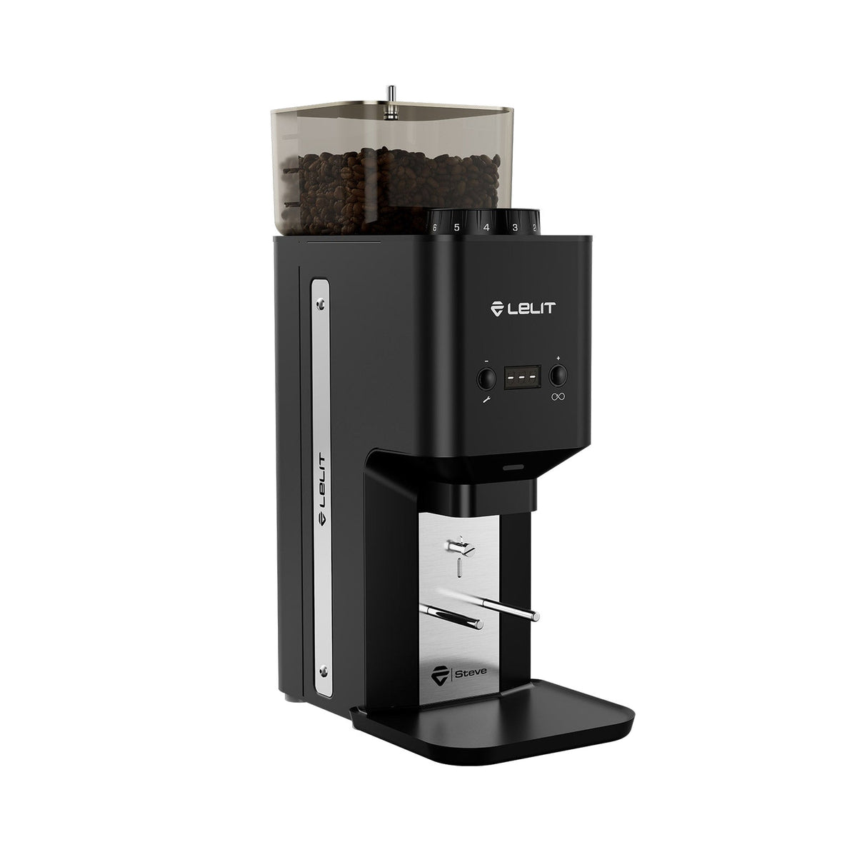 Lelit Steve PM20 Flat Burr Coffee Grinder in black, three-quarter view