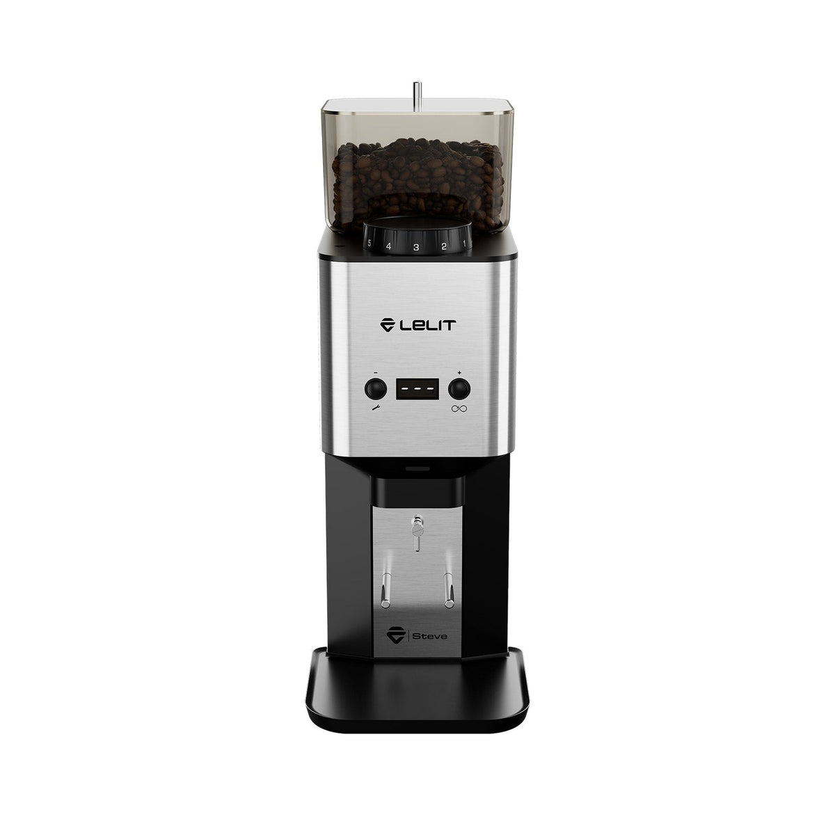 Lelit Steve PM20 Flat Burr Coffee Grinder in brushed steel, front view