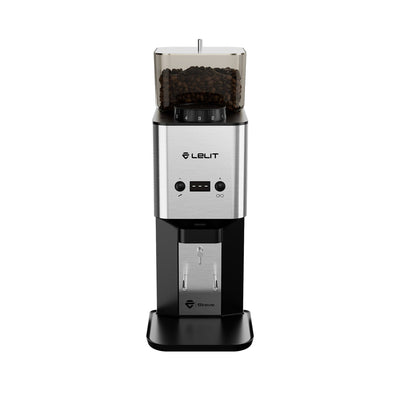 Lelit Steve PM20 Flat Burr Coffee Grinder in brushed steel, front view