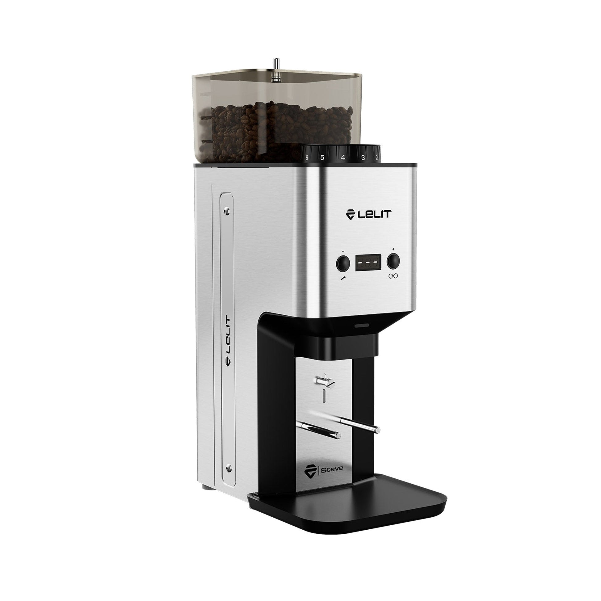 Lelit Steve PM20 Flat Burr Coffee Grinder in brushed steel, three-quarter view