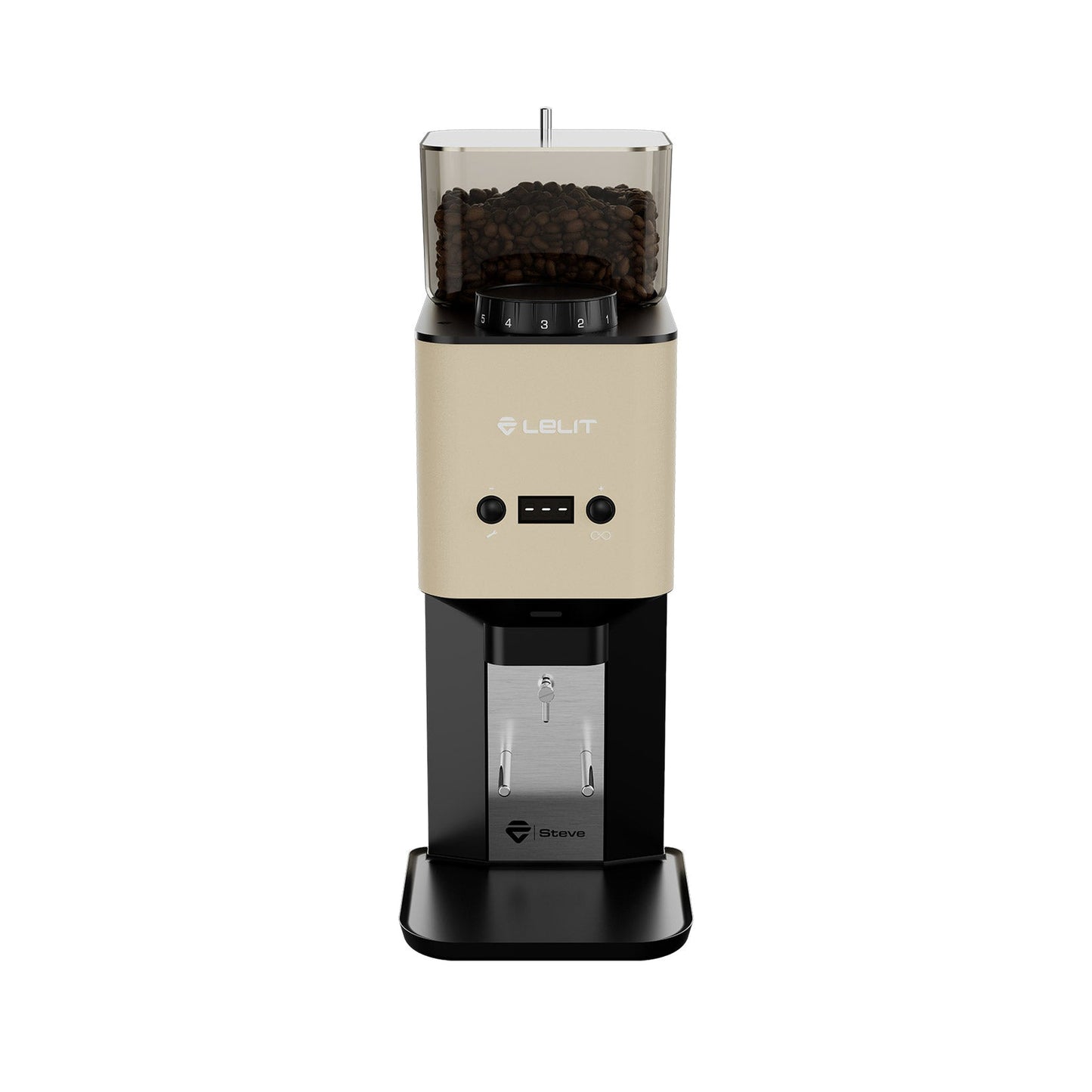Lelit Steve PM20 Flat Burr Coffee Grinder in gold, front view