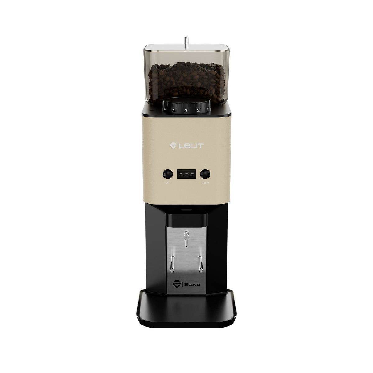 Lelit Steve PM20 Flat Burr Coffee Grinder in gold, front view