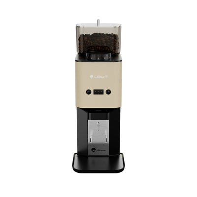 Lelit Steve PM20 Flat Burr Coffee Grinder in gold, front view