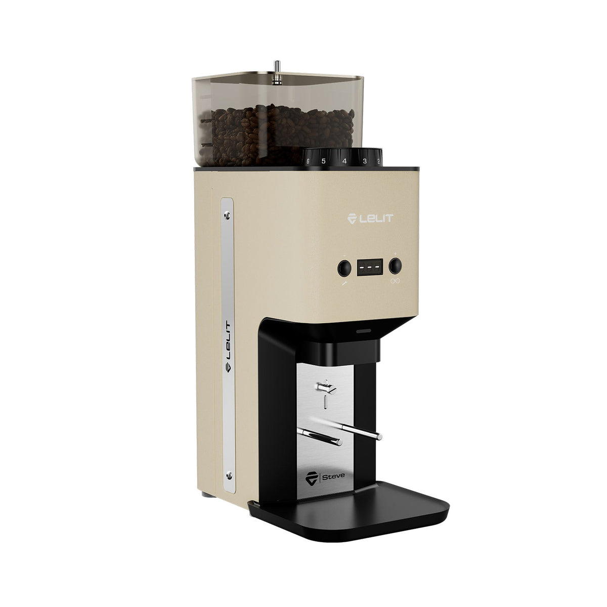 Lelit Steve PM20 Flat Burr Coffee Grinder in gold, three-quarter view