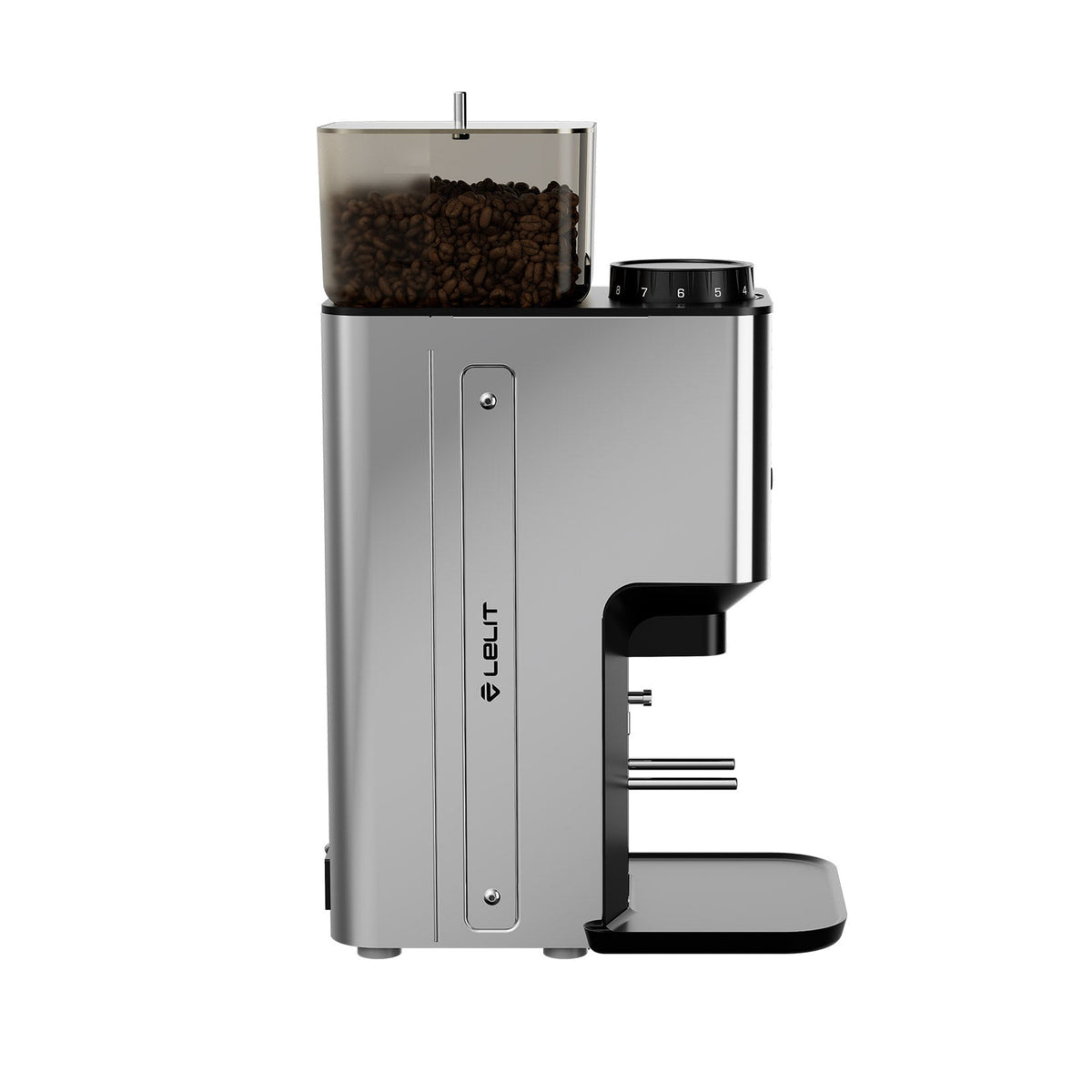 Lelit Steve PM20 Flat Burr Coffee Grinder in polished steel, side profile