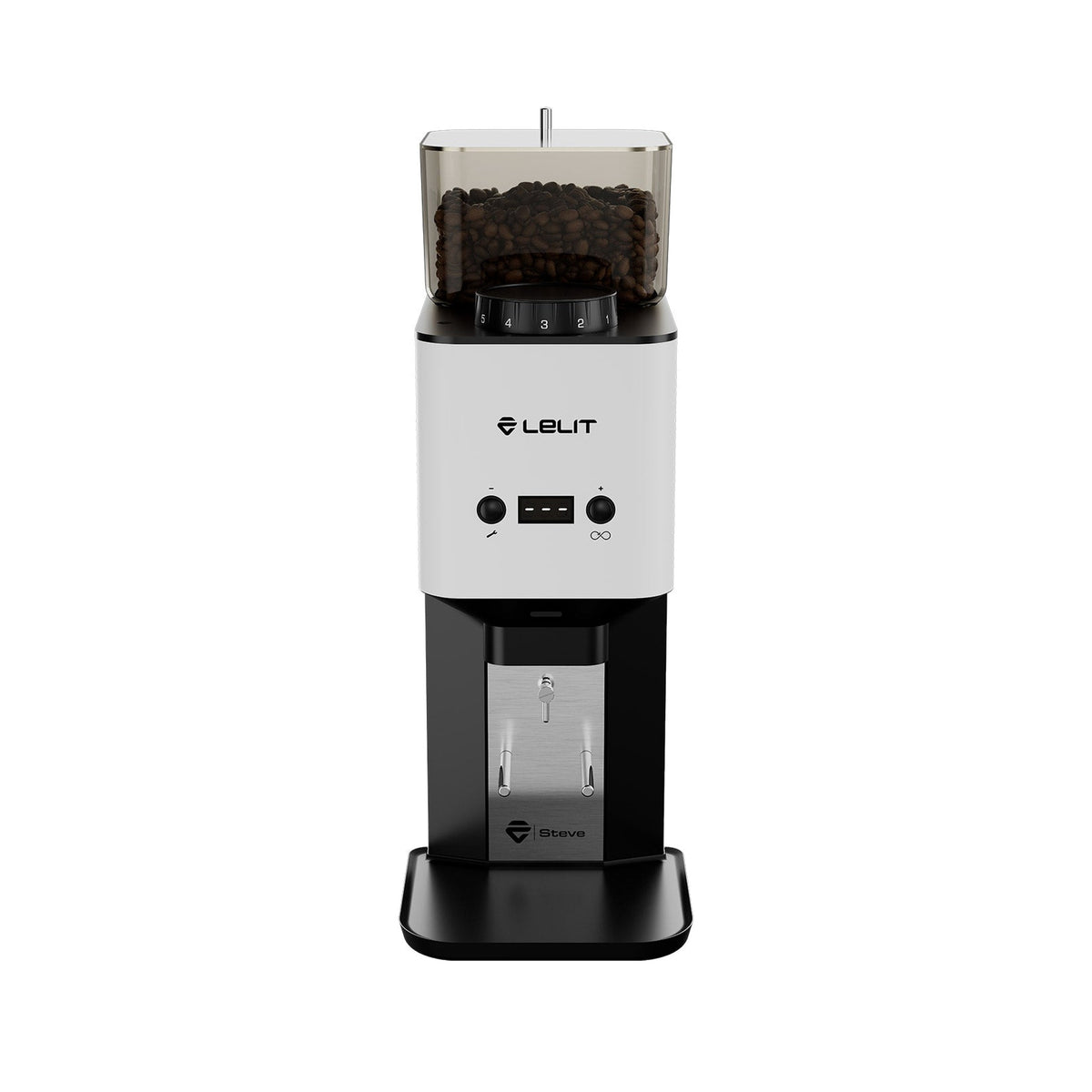Lelit Steve PM20 Flat Burr Coffee Grinder in white, front view