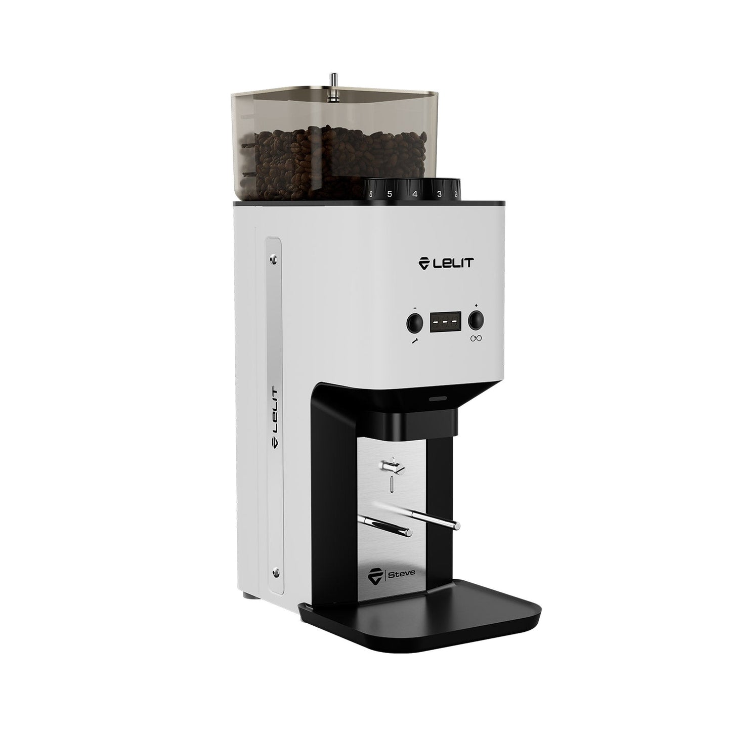 Lelit Steve PM20 Flat Burr Coffee Grinder in white, three-quarter view
