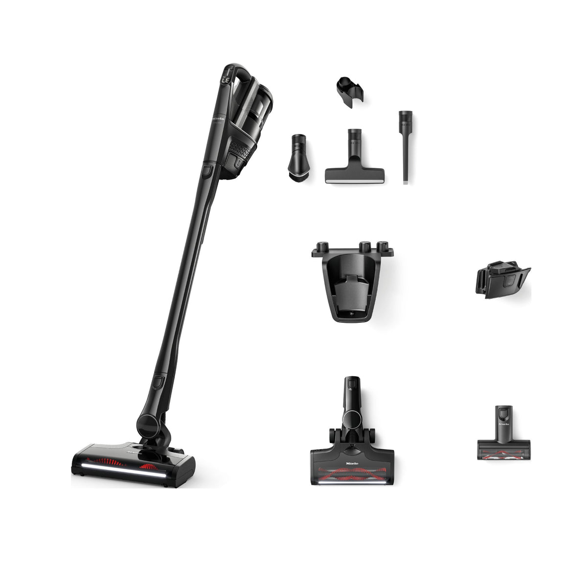 Miele Triflex HX3 Cat & Dog in obsidian black, with the supplied brushes nozzles and wall bracket