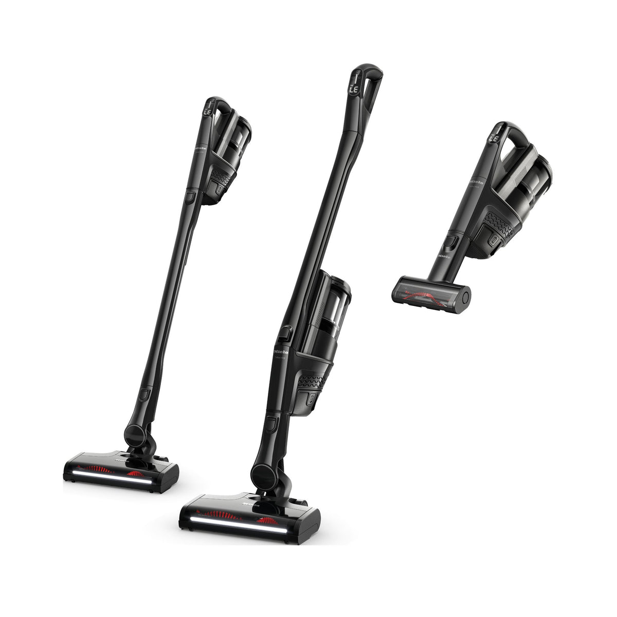 Miele Triflex HX3 Cat & Dog in obsidian black, shown in its three 3-in-1 configurations