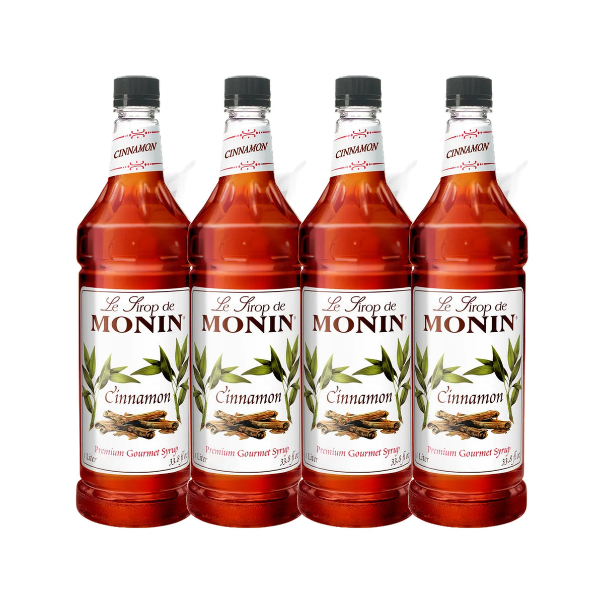 Monin Cinnamon Syrup 1L Plastic Bottle (Pack of 4), four bottles in a row