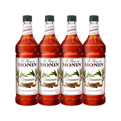 Monin Cinnamon Syrup 1L Plastic Bottle (Pack of 4), four bottles in a row