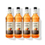 Four 1L plastic bottles of Monin Natural Zero Peach syrup in a row