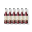 Six 750ml glass bottles of Monin Natural Zero Raspberry syrup in a row