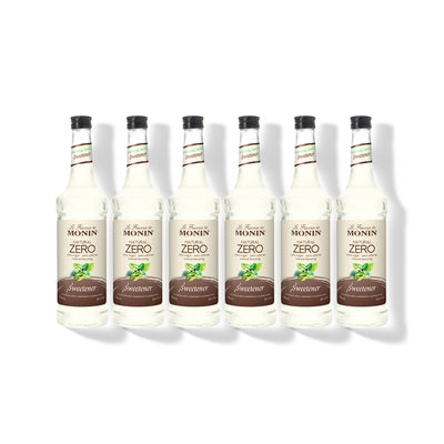 Six 750ml glass bottles of Monin Natural Zero Sweetener in a row