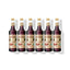 Six 750ml glass bottles of Monin Organic Chocolate syrup in a row