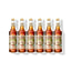 Six 750ml glass bottles of Monin Organic Hazelnut syrup in a row