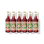 Six 750ml glass bottles of Monin Organic Raspberry syrup in a row