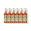 Six 750ml glass bottles of Monin Organic Vanilla syrup in a row