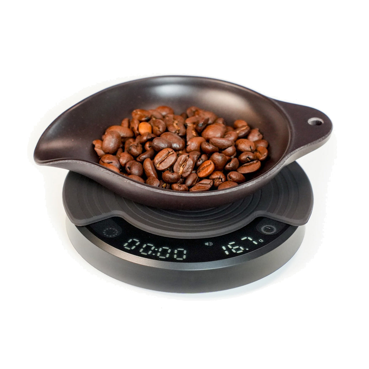 OutIn Claro Coffee Scale, with the Rebrew bean tray on the platform