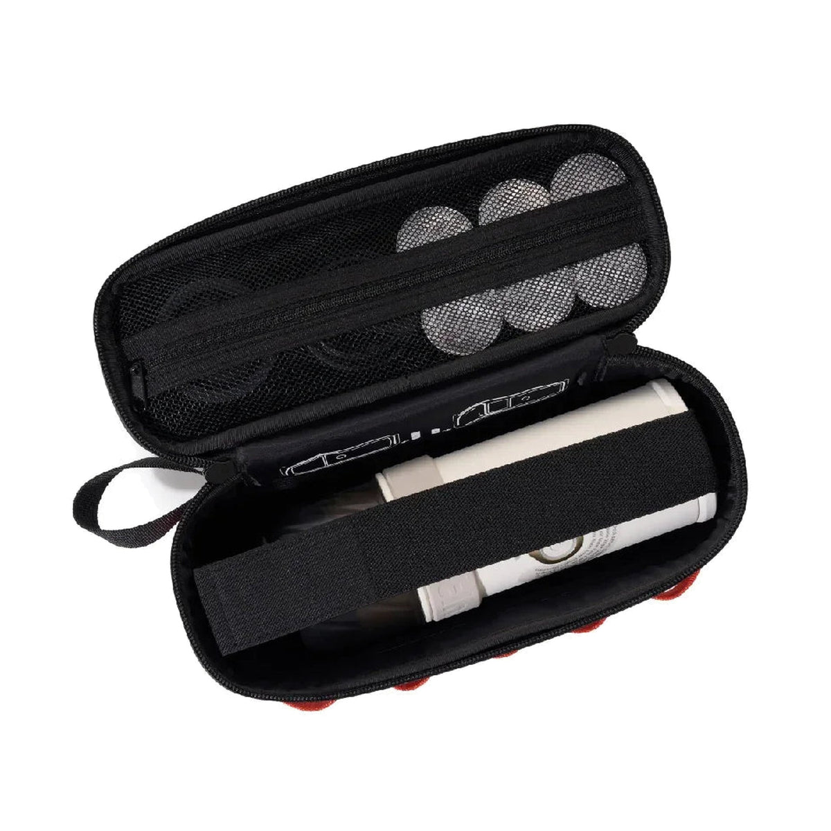 OutIn EVA Protective Case in maple brown, open, showing the accessory pockets