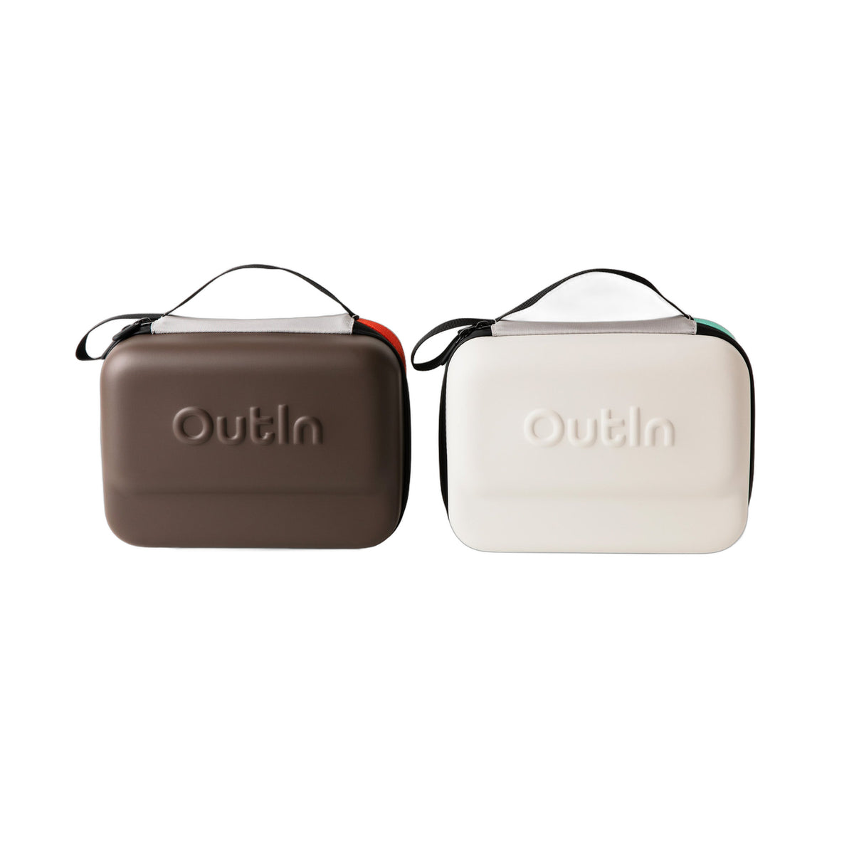 OutIn EVA Protective Case Plus in maple brown, shown beside the sand beige case