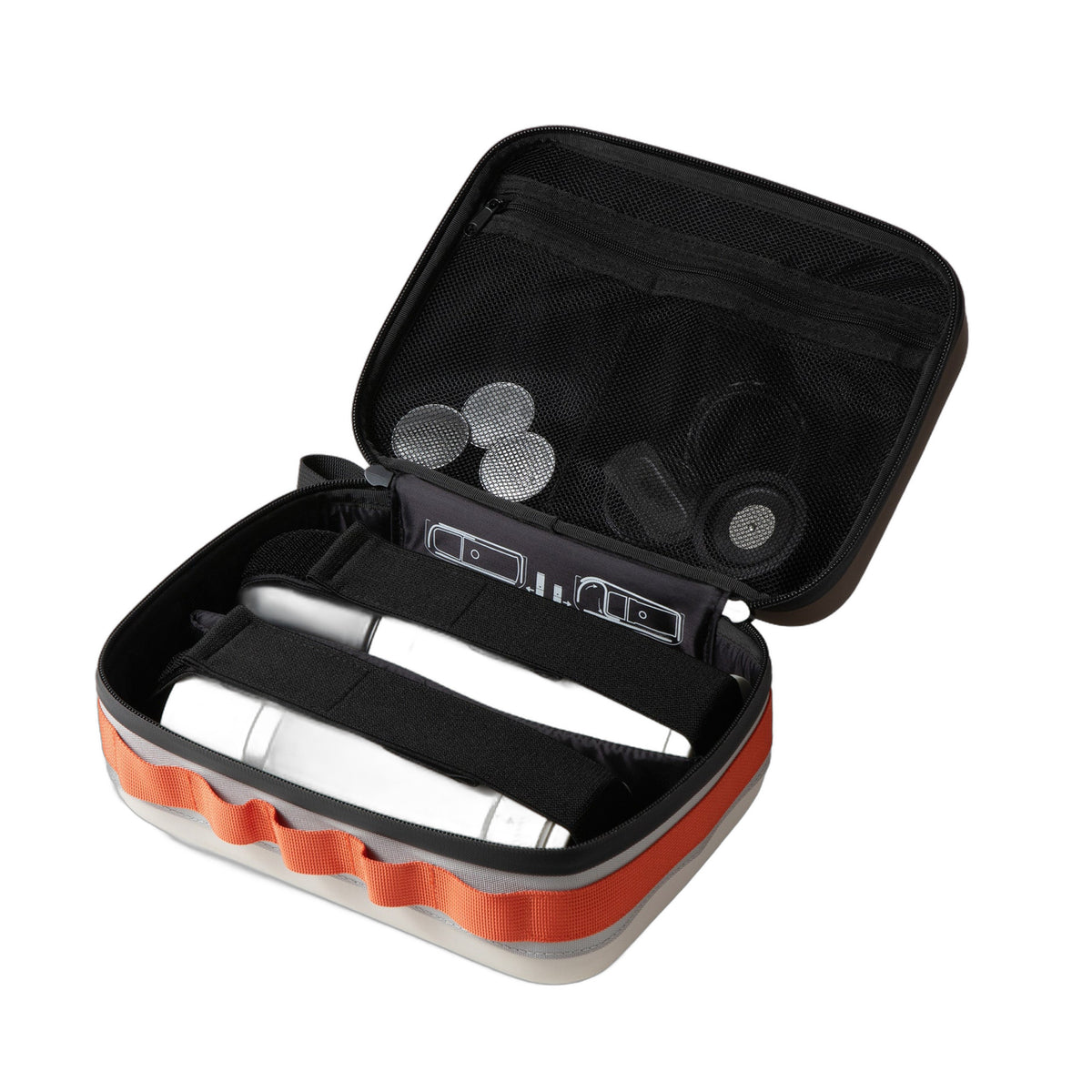 OutIn EVA Protective Case Plus in sand beige, open, showing the fitted interior