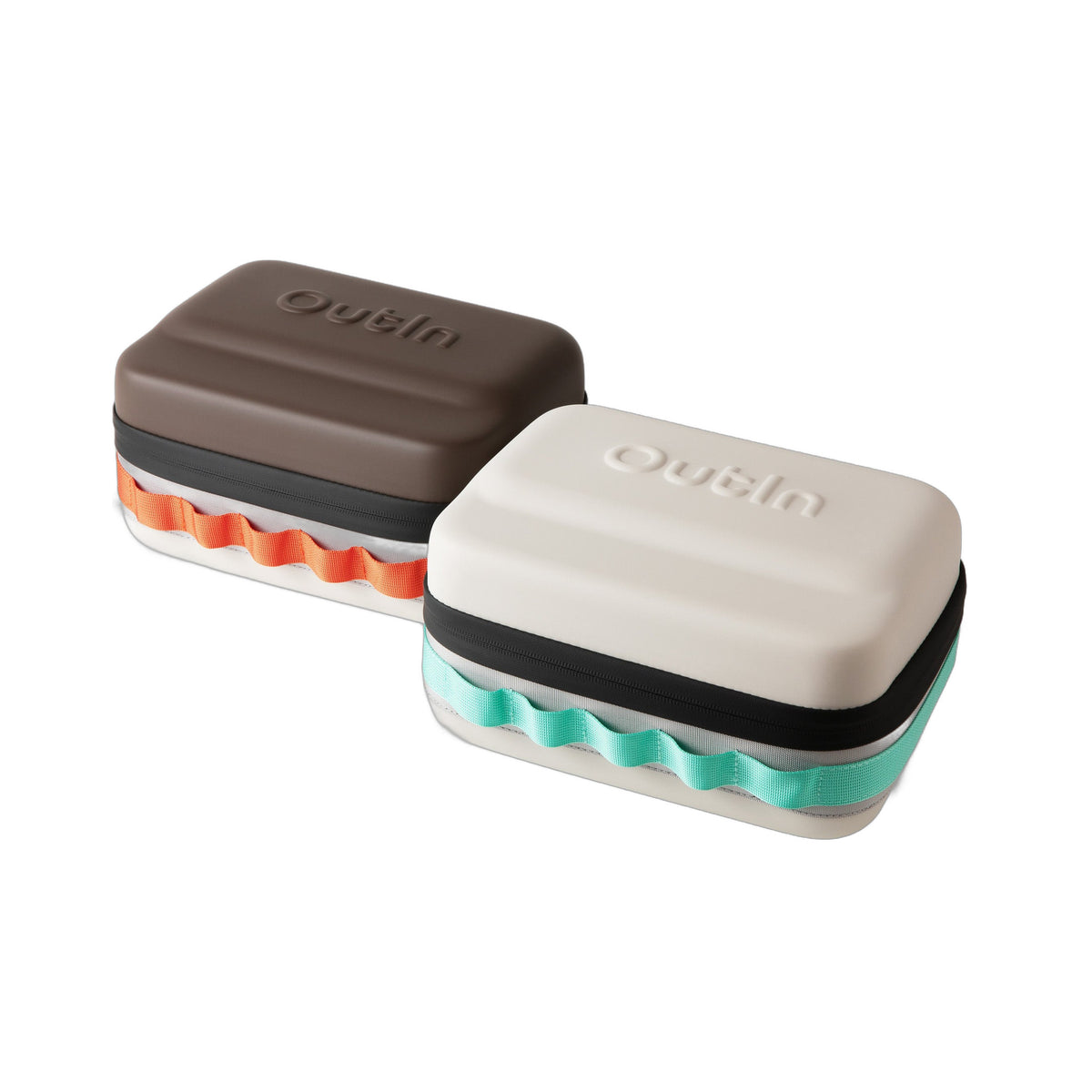 OutIn EVA Protective Case Plus in sand beige, shown beside the maple brown case